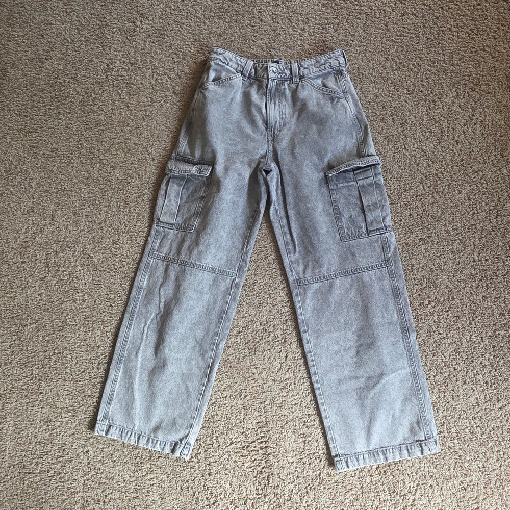 HM Divided‎ Womens High Waisted Cargo Jeans Grey Acid Wash Wide Leg Size 6
